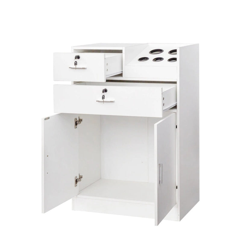 Meuble de rangement pour salon, 2 tiroirs, 1 placard, support sèche-cheveux, blanc / rose, 1 unité