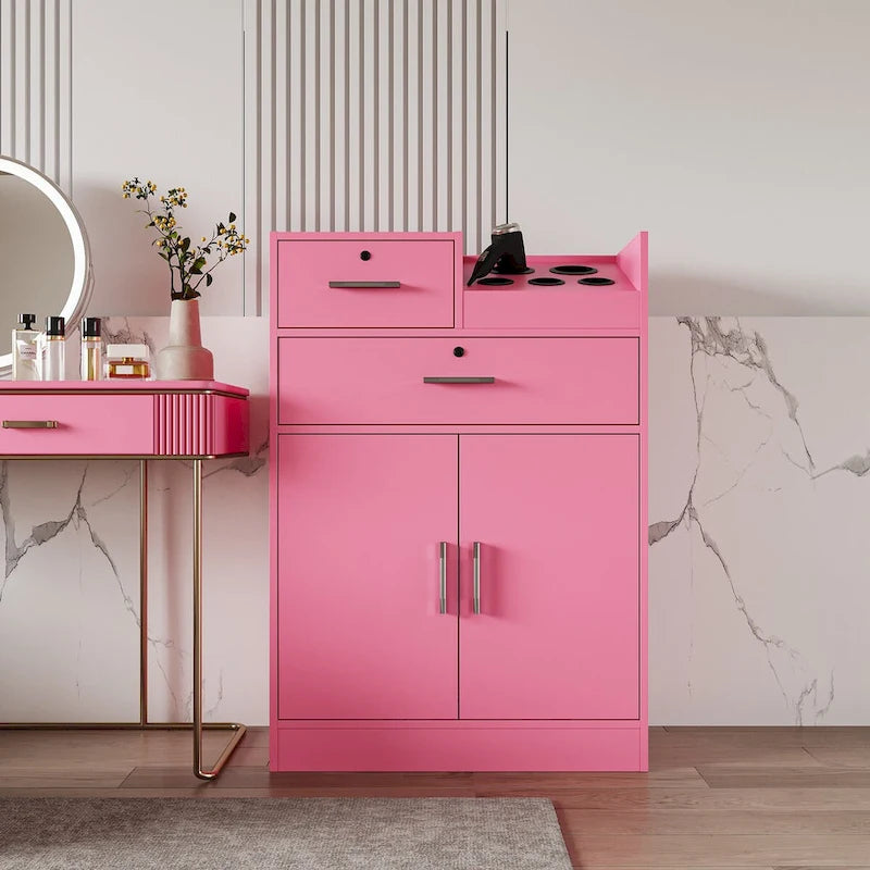 Meuble de rangement pour salon, 2 tiroirs, 1 placard, support sèche-cheveux, blanc / rose, 1 unité