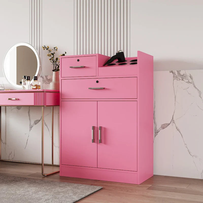 Meuble de rangement pour salon, 2 tiroirs, 1 placard, support sèche-cheveux, blanc / rose, 1 unité