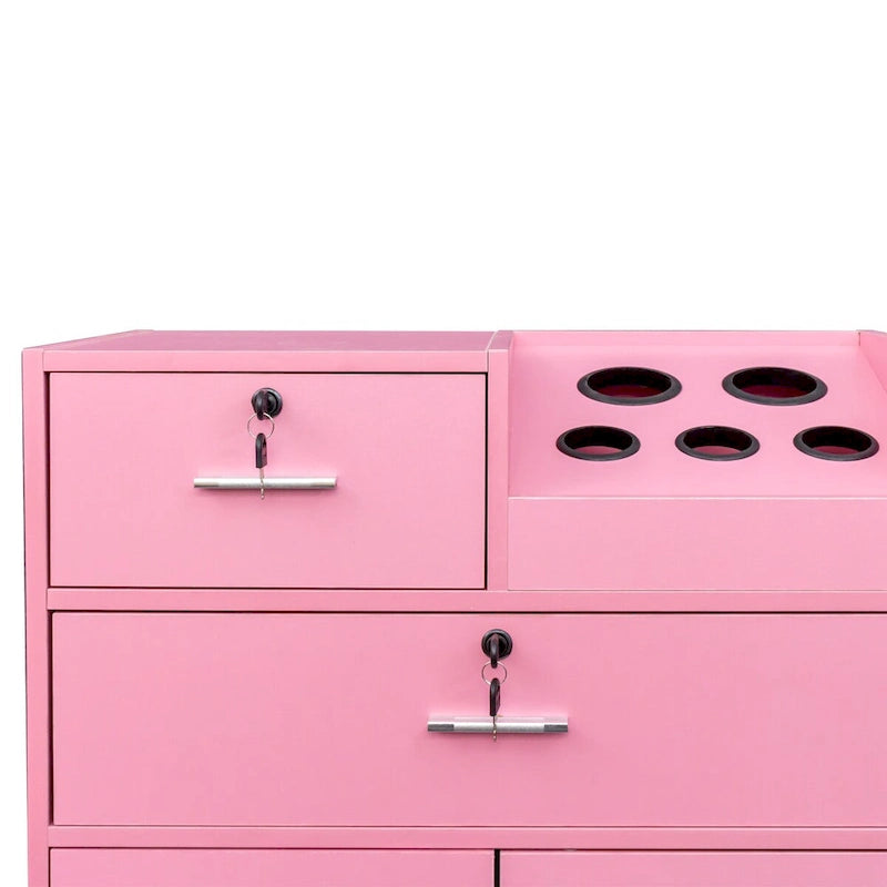 Meuble de rangement pour salon, 2 tiroirs, 1 placard, support sèche-cheveux, blanc / rose, 1 unité