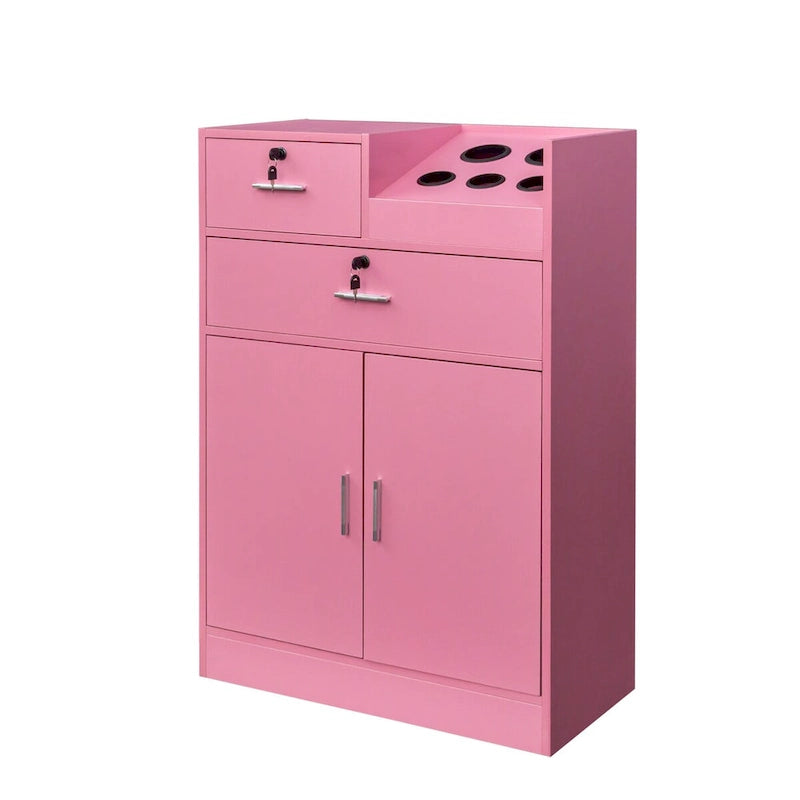 Meuble de rangement pour salon, 2 tiroirs, 1 placard, support sèche-cheveux, blanc / rose, 1 unité