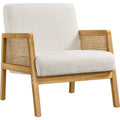 Fauteuil d'appoint, accoudoirs en rotin, revêtement en tissu, pieds en bois d'hévéa, style côtier, ivoire/beige, 1 personne