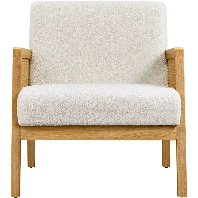 Fauteuil d'appoint, accoudoirs en rotin, revêtement en tissu, pieds en bois d'hévéa, style côtier, ivoire/beige, 1 personne