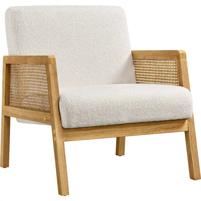 Fauteuil d'appoint, accoudoirs en rotin, revêtement en tissu, pieds en bois d'hévéa, style côtier, ivoire/beige, 1 personne