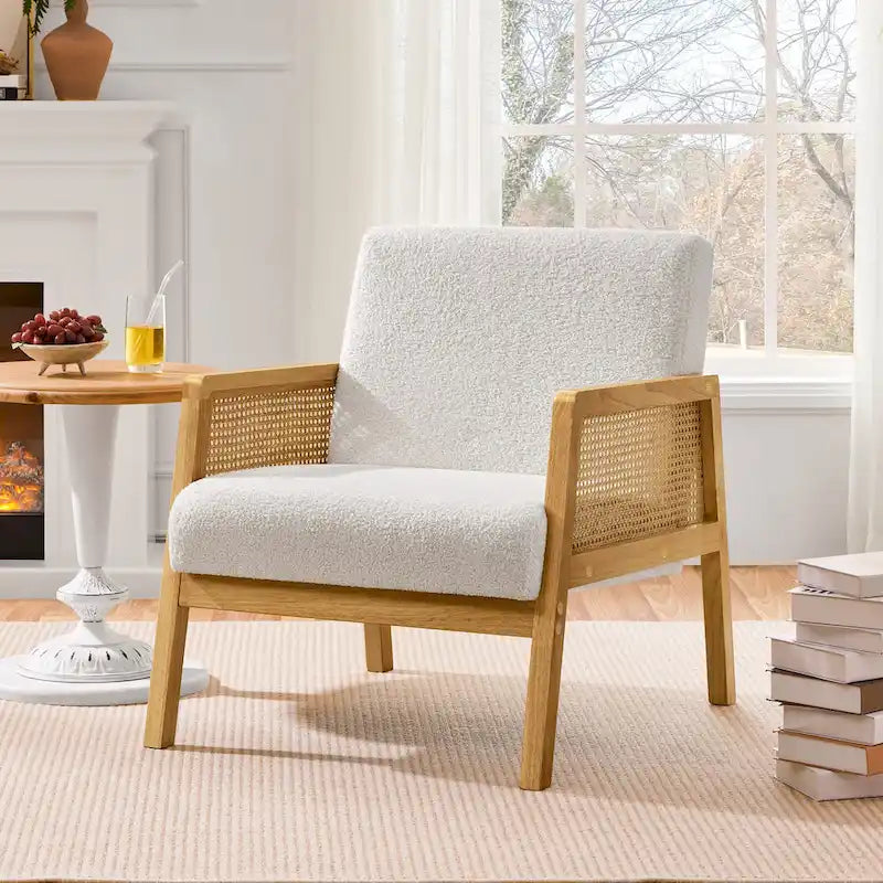 Fauteuil d'appoint, accoudoirs en rotin, revêtement en tissu, pieds en bois d'hévéa, style côtier, ivoire/beige, 1 personne