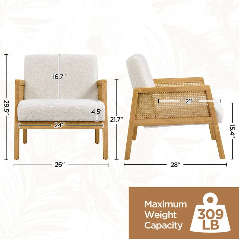 Fauteuil d'appoint, accoudoirs en rotin, revêtement en tissu, pieds en bois d'hévéa, style côtier, ivoire/beige, 1 personne