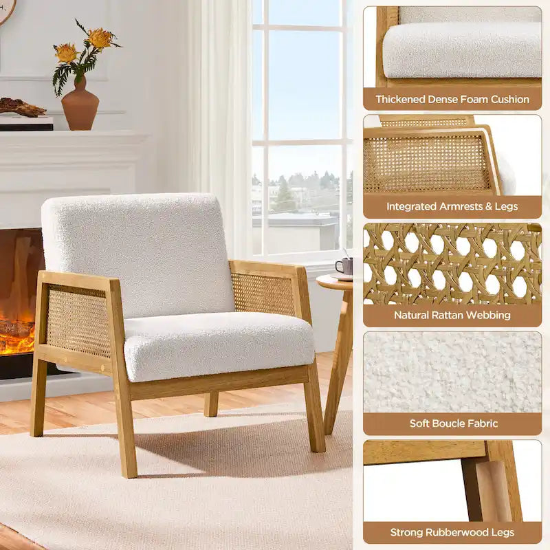 Fauteuil d'appoint, accoudoirs en rotin, revêtement en tissu, pieds en bois d'hévéa, style côtier, ivoire/beige, 1 personne