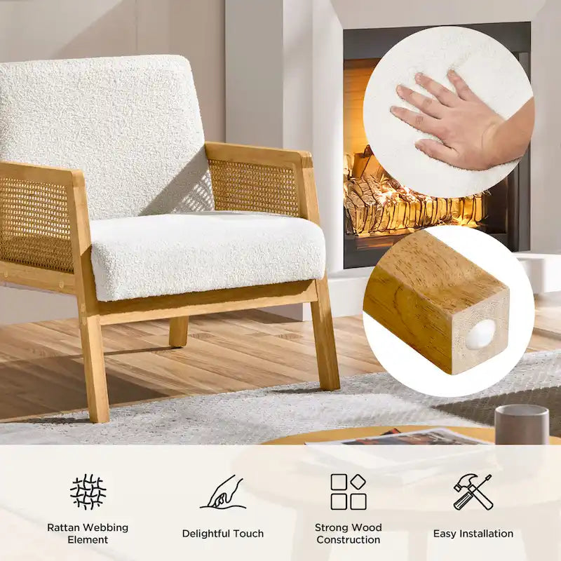 Fauteuil d'appoint, accoudoirs en rotin, revêtement en tissu, pieds en bois d'hévéa, style côtier, ivoire/beige, 1 personne