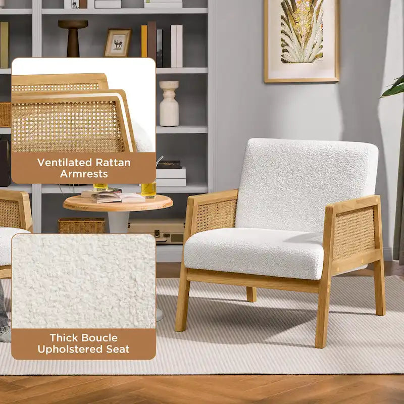 Fauteuil d'appoint, accoudoirs en rotin, revêtement en tissu, pieds en bois d'hévéa, style côtier, ivoire/beige, 1 personne