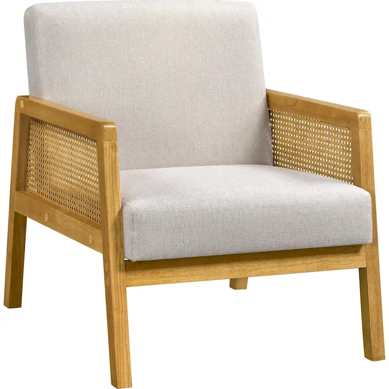 Fauteuil d'appoint, accoudoirs en rotin, revêtement en tissu, pieds en bois d'hévéa, style côtier, ivoire/beige, 1 personne