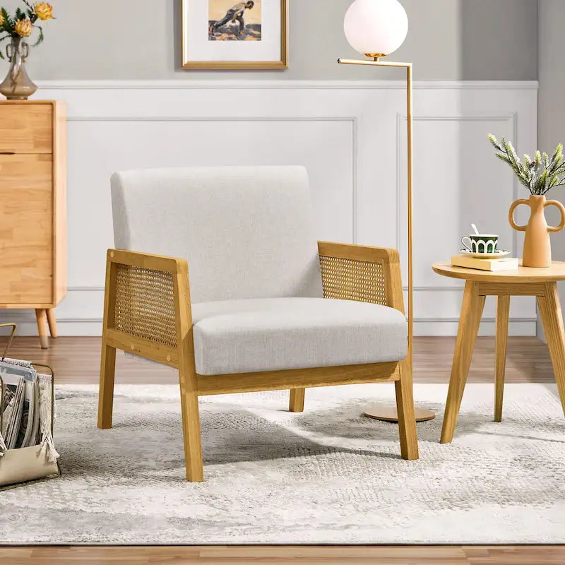 Fauteuil d'appoint, accoudoirs en rotin, revêtement en tissu, pieds en bois d'hévéa, style côtier, ivoire/beige, 1 personne