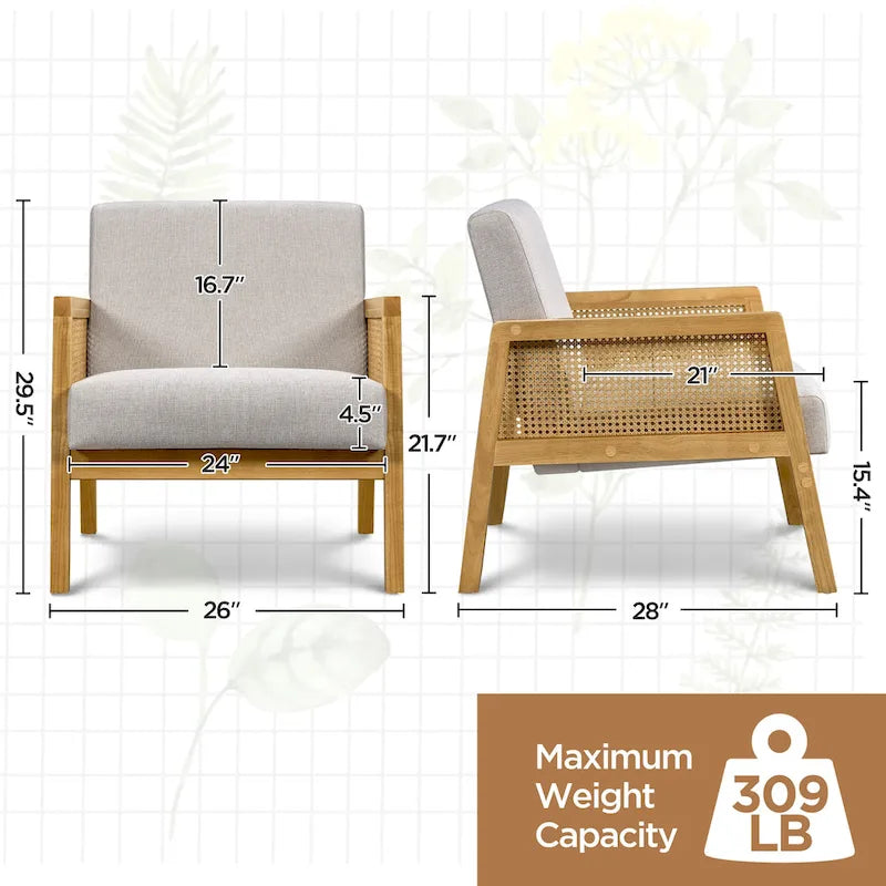 Fauteuil d'appoint, accoudoirs en rotin, revêtement en tissu, pieds en bois d'hévéa, style côtier, ivoire/beige, 1 personne