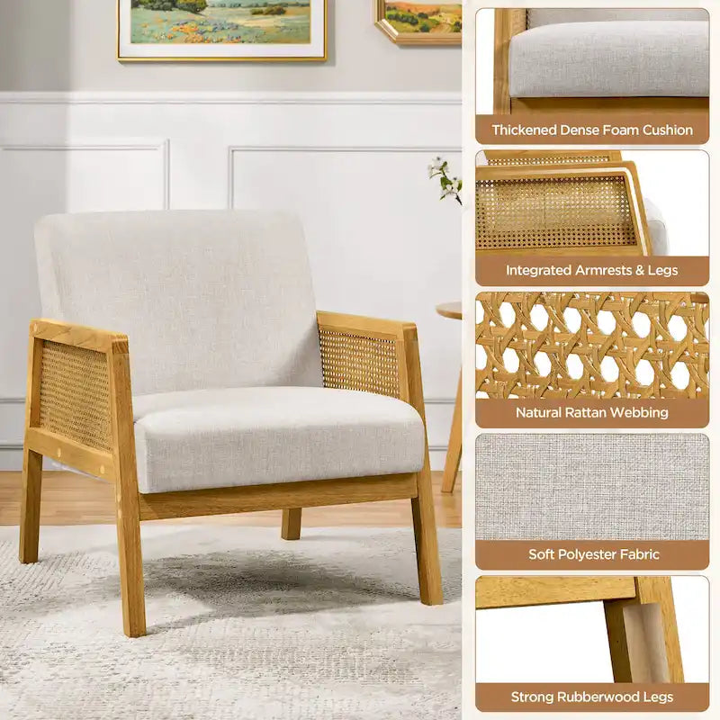 Fauteuil d'appoint, accoudoirs en rotin, revêtement en tissu, pieds en bois d'hévéa, style côtier, ivoire/beige, 1 personne