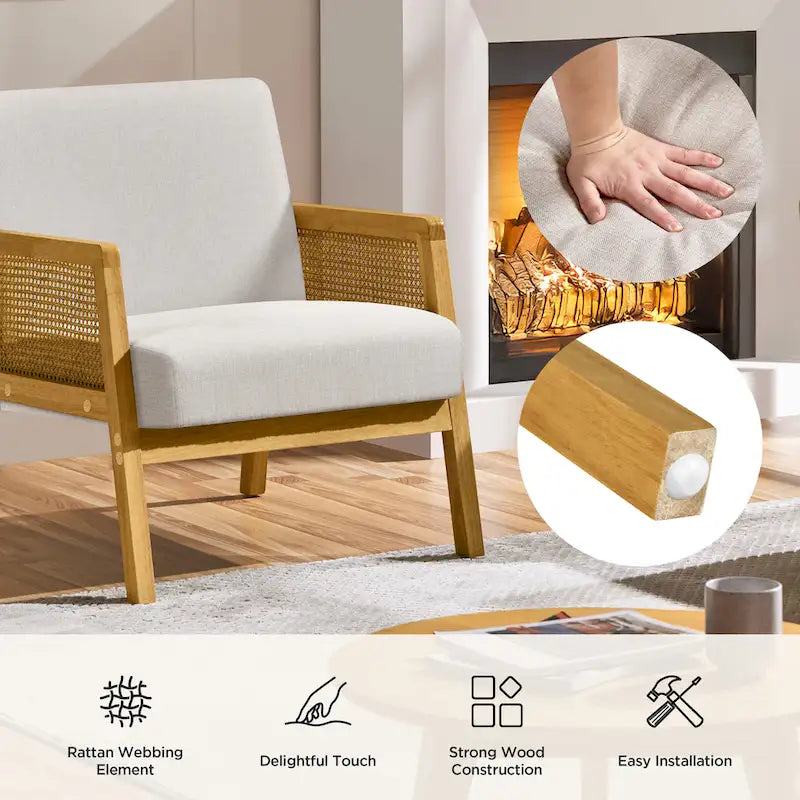 Fauteuil d'appoint, accoudoirs en rotin, revêtement en tissu, pieds en bois d'hévéa, style côtier, ivoire/beige, 1 personne