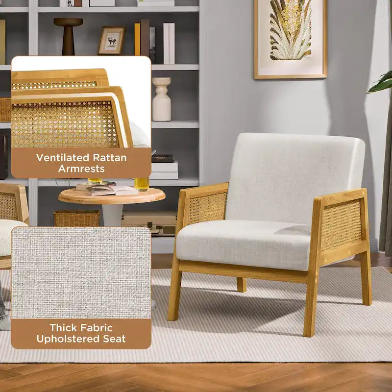 Fauteuil d'appoint, accoudoirs en rotin, revêtement en tissu, pieds en bois d'hévéa, style côtier, ivoire/beige, 1 personne