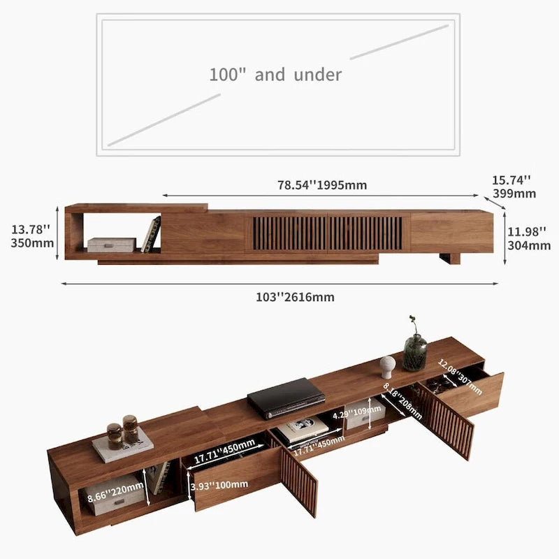 Meuble TV extensible, 3 tiroirs, Noyer, Compatible avec les téléviseurs jusqu'à 299 cm, 1 unité