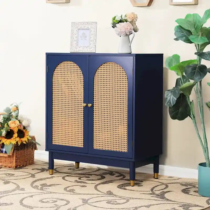 Meuble de rangement, portes en rotin tressé, étagères réglables, style bohème, bleu, une porte / deux portes / trois tiroirs + une porte, 1 unité