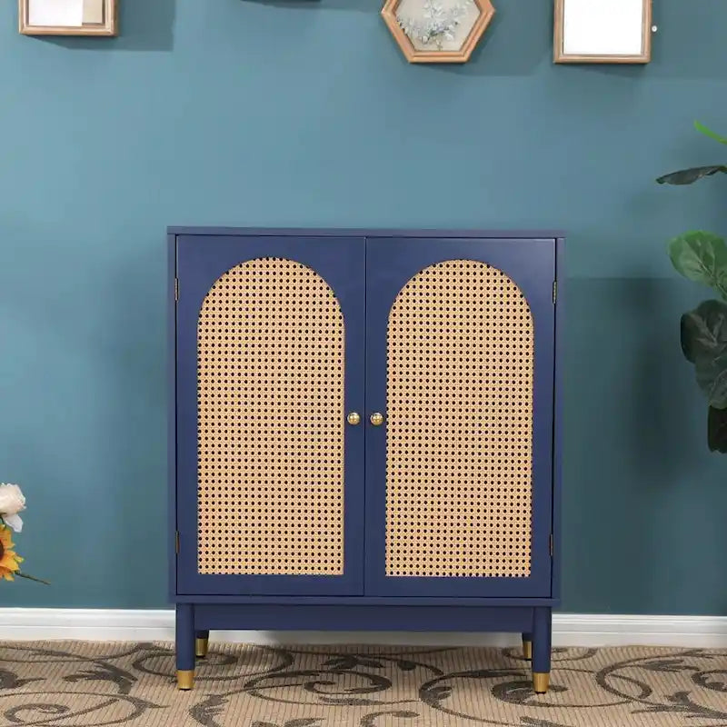 Meuble de rangement, portes en rotin tressé, étagères réglables, style bohème, bleu, une porte / deux portes / trois tiroirs + une porte, 1 unité