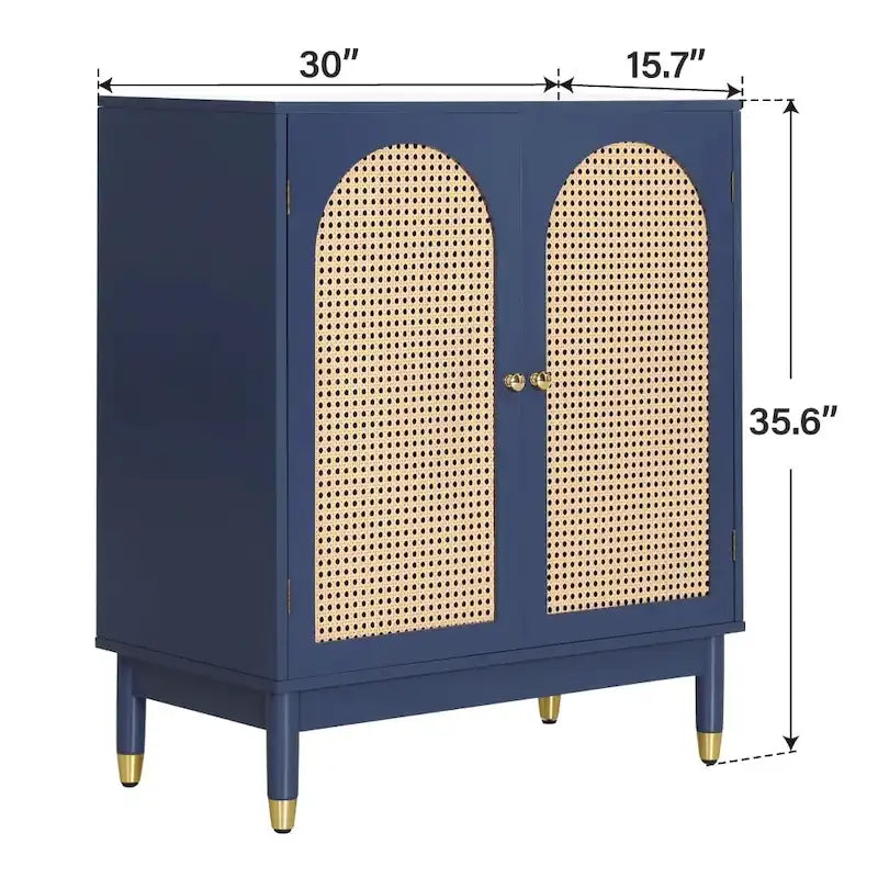 Meuble de rangement, portes en rotin tressé, étagères réglables, style bohème, bleu, une porte / deux portes / trois tiroirs + une porte, 1 unité