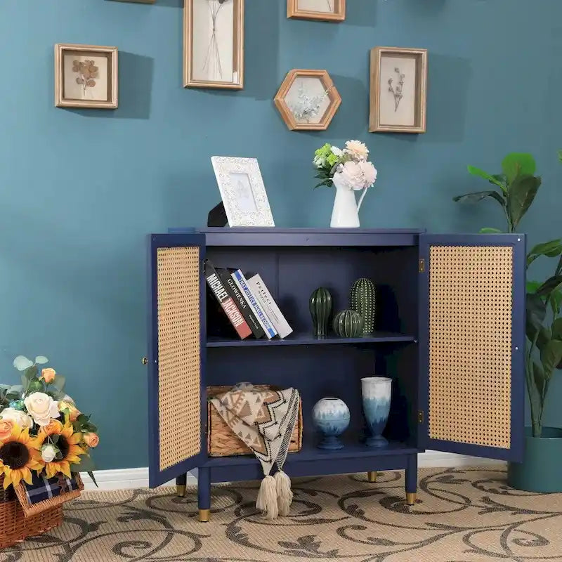 Meuble de rangement, portes en rotin tressé, étagères réglables, style bohème, bleu, une porte / deux portes / trois tiroirs + une porte, 1 unité