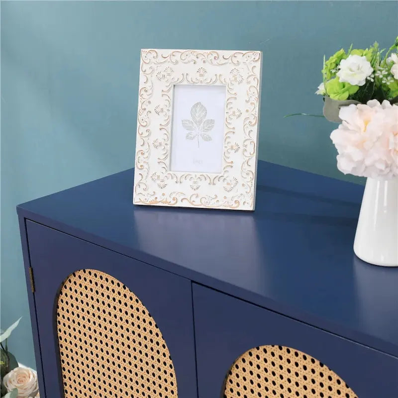 Meuble de rangement, portes en rotin tressé, étagères réglables, style bohème, bleu, une porte / deux portes / trois tiroirs + une porte, 1 unité