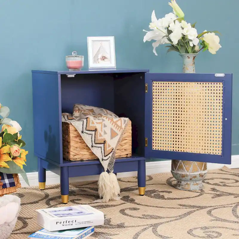 Meuble de rangement, portes en rotin tressé, étagères réglables, style bohème, bleu, une porte / deux portes / trois tiroirs + une porte, 1 unité