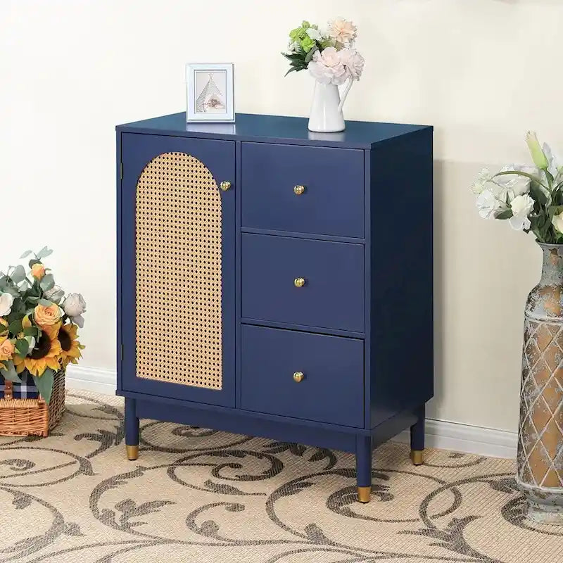 Meuble de rangement, portes en rotin tressé, étagères réglables, style bohème, bleu, une porte / deux portes / trois tiroirs + une porte, 1 unité