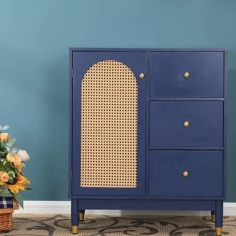 Meuble de rangement, portes en rotin tressé, étagères réglables, style bohème, bleu, une porte / deux portes / trois tiroirs + une porte, 1 unité