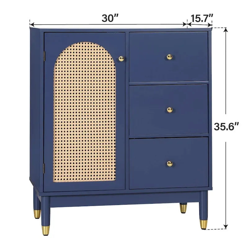 Meuble de rangement, portes en rotin tressé, étagères réglables, style bohème, bleu, une porte / deux portes / trois tiroirs + une porte, 1 unité