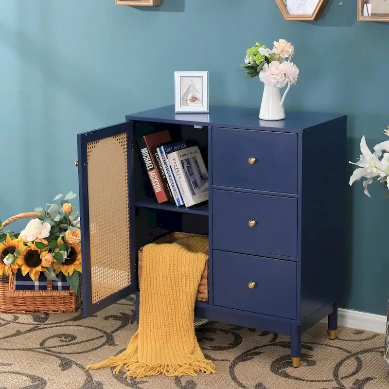 Meuble de rangement, portes en rotin tressé, étagères réglables, style bohème, bleu, une porte / deux portes / trois tiroirs + une porte, 1 unité