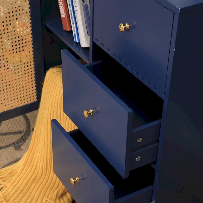 Meuble de rangement, portes en rotin tressé, étagères réglables, style bohème, bleu, une porte / deux portes / trois tiroirs + une porte, 1 unité