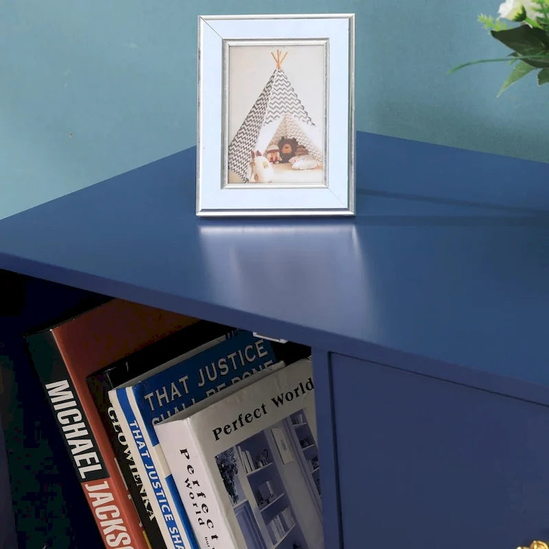 Meuble de rangement, portes en rotin tressé, étagères réglables, style bohème, bleu, une porte / deux portes / trois tiroirs + une porte, 1 unité