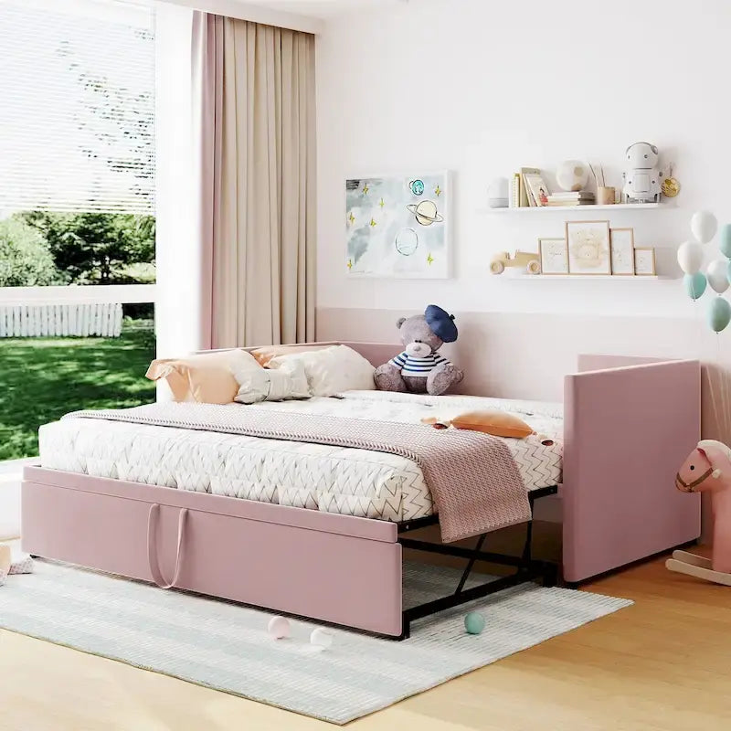 Lit de repos double avec lit gigogne escamotable, extensible en très grand lit, revêtement en velours, dossier et accoudoirs, style moderne, rose / beige / gris, 2 personnes