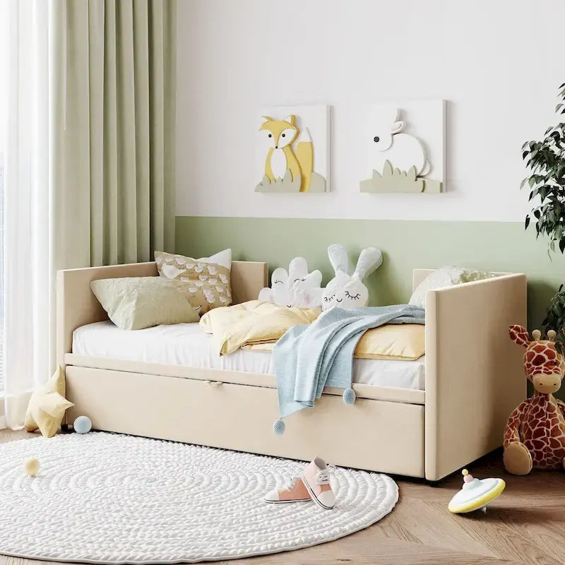 Lit de repos double avec lit gigogne escamotable, extensible en très grand lit, revêtement en velours, dossier et accoudoirs, style moderne, rose / beige / gris, 2 personnes