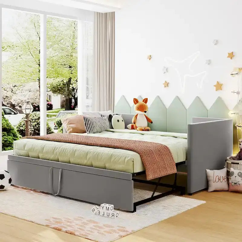 Lit de repos double avec lit gigogne escamotable, extensible en très grand lit, revêtement en velours, dossier et accoudoirs, style moderne, rose / beige / gris, 2 personnes