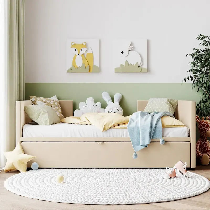 Lit de repos double avec lit gigogne escamotable, extensible en très grand lit, revêtement en velours, dossier et accoudoirs, style moderne, rose / beige / gris, 2 personnes
