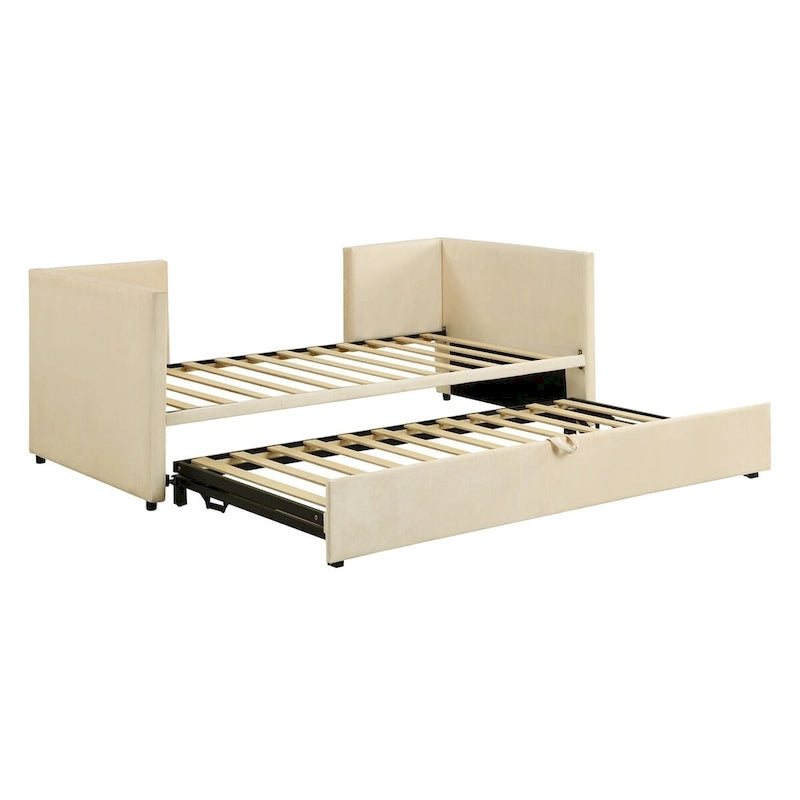 Lit de repos double avec lit gigogne escamotable, extensible en très grand lit, revêtement en velours, dossier et accoudoirs, style moderne, rose / beige / gris, 2 personnes