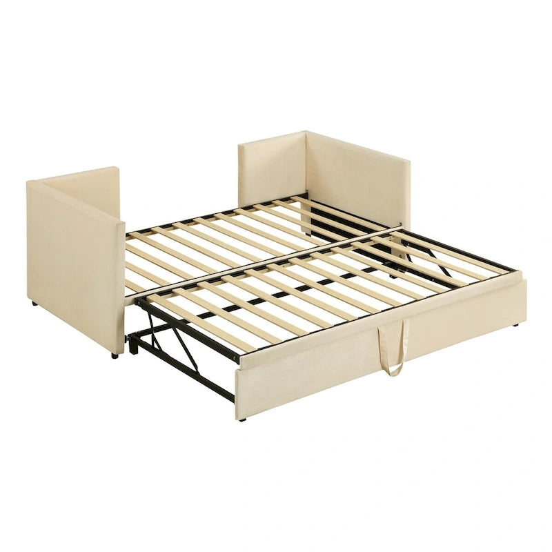 Lit de repos double avec lit gigogne escamotable, extensible en très grand lit, revêtement en velours, dossier et accoudoirs, style moderne, rose / beige / gris, 2 personnes