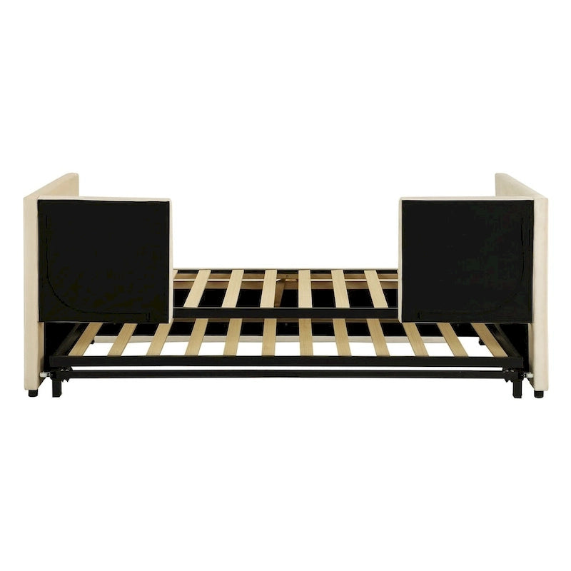 Lit de repos double avec lit gigogne escamotable, extensible en très grand lit, revêtement en velours, dossier et accoudoirs, style moderne, rose / beige / gris, 2 personnes