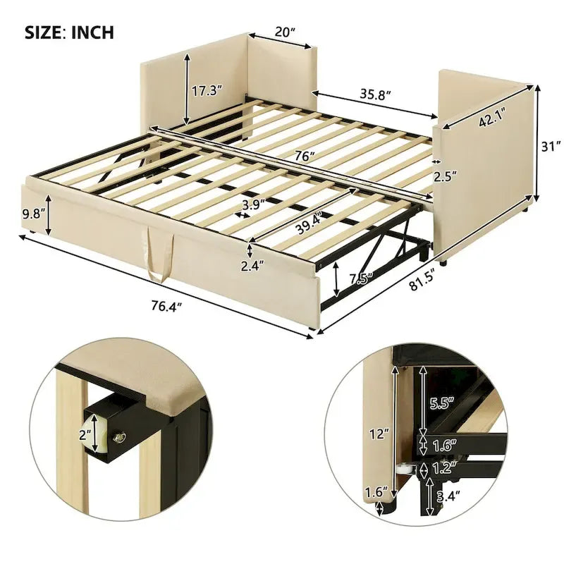 Lit de repos double avec lit gigogne escamotable, extensible en très grand lit, revêtement en velours, dossier et accoudoirs, style moderne, rose / beige / gris, 2 personnes