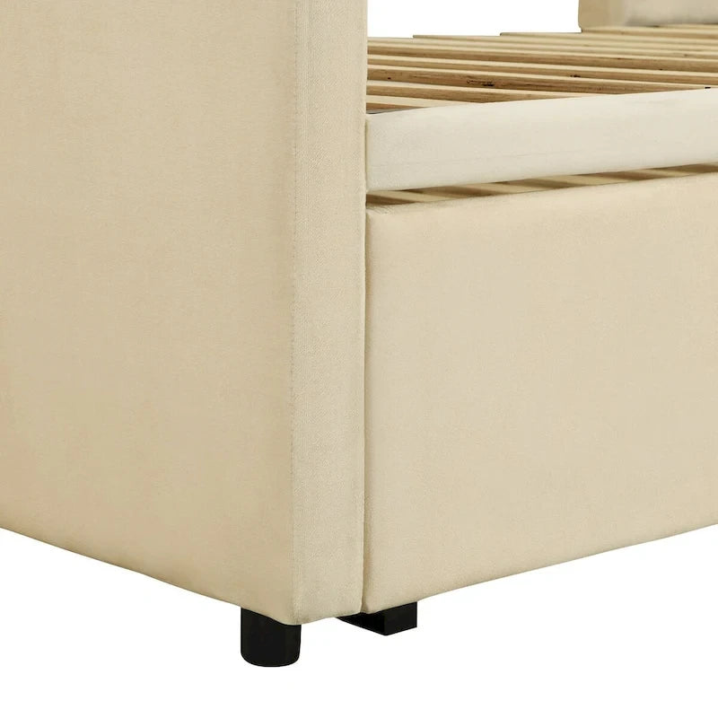 Lit de repos double avec lit gigogne escamotable, extensible en très grand lit, revêtement en velours, dossier et accoudoirs, style moderne, rose / beige / gris, 2 personnes