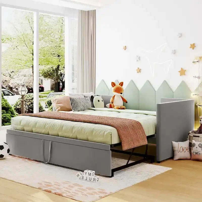 Lit de repos double avec lit gigogne escamotable, extensible en très grand lit, revêtement en velours, dossier et accoudoirs, style moderne, rose / beige / gris, 2 personnes
