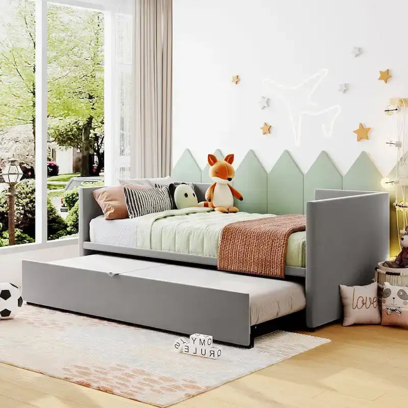 Lit de repos double avec lit gigogne escamotable, extensible en très grand lit, revêtement en velours, dossier et accoudoirs, style moderne, rose / beige / gris, 2 personnes