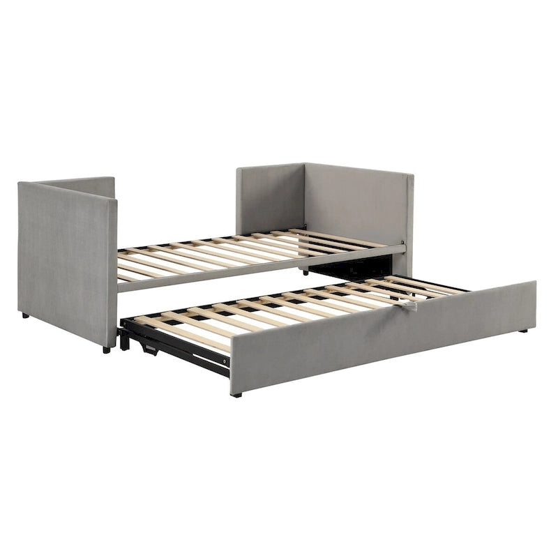 Lit de repos double avec lit gigogne escamotable, extensible en très grand lit, revêtement en velours, dossier et accoudoirs, style moderne, rose / beige / gris, 2 personnes