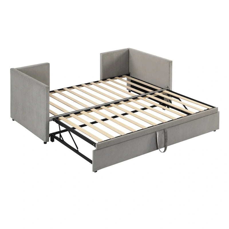 Lit de repos double avec lit gigogne escamotable, extensible en très grand lit, revêtement en velours, dossier et accoudoirs, style moderne, rose / beige / gris, 2 personnes