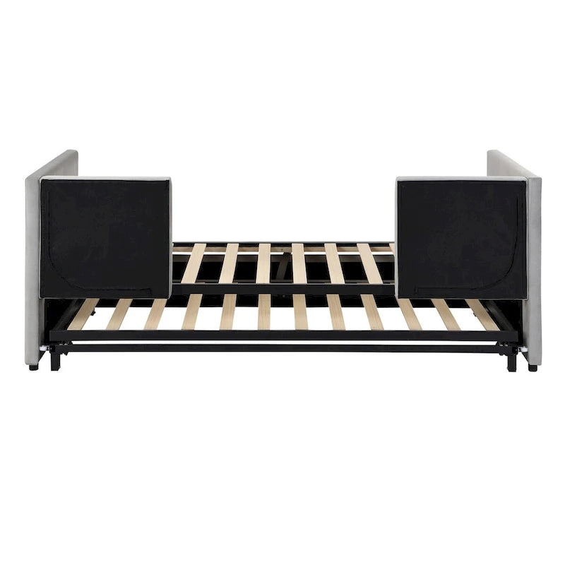 Lit de repos double avec lit gigogne escamotable, extensible en très grand lit, revêtement en velours, dossier et accoudoirs, style moderne, rose / beige / gris, 2 personnes