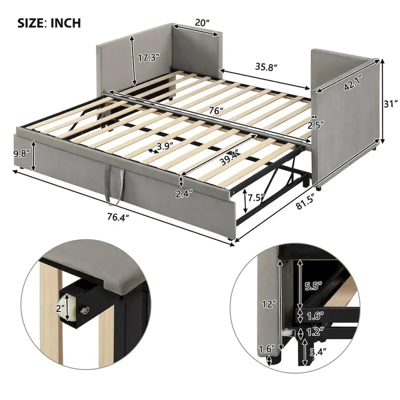 Lit de repos double avec lit gigogne escamotable, extensible en très grand lit, revêtement en velours, dossier et accoudoirs, style moderne, rose / beige / gris, 2 personnes