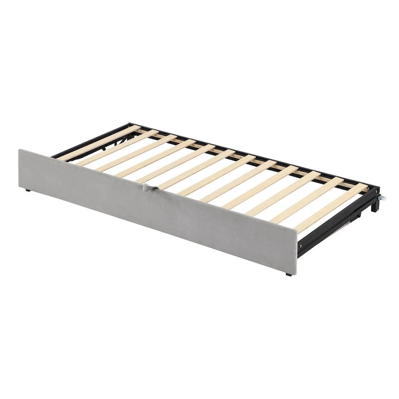 Lit de repos double avec lit gigogne escamotable, extensible en très grand lit, revêtement en velours, dossier et accoudoirs, style moderne, rose / beige / gris, 2 personnes