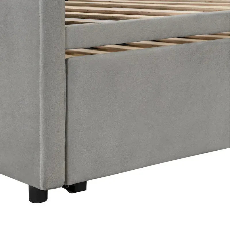 Lit de repos double avec lit gigogne escamotable, extensible en très grand lit, revêtement en velours, dossier et accoudoirs, style moderne, rose / beige / gris, 2 personnes