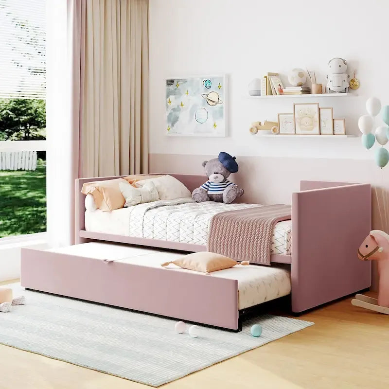 Lit de repos double avec lit gigogne escamotable, extensible en très grand lit, revêtement en velours, dossier et accoudoirs, style moderne, rose / beige / gris, 2 personnes